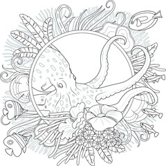 Octopus and fishes black and white illustration for Coloring book