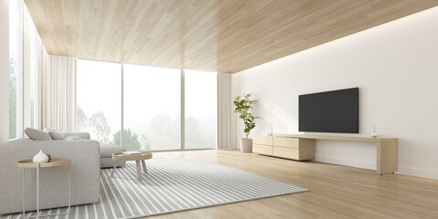 3D rendering of modern living room with sofa and TV screen on white wall on nature background.
