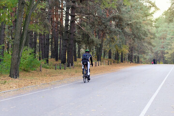 Sport and active life concept. Cyclist in protective. Riding on bike in coniferous forest on sunny day among many trees. Healthy lifestyle.