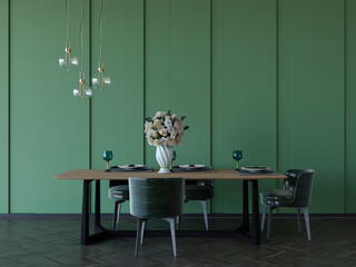 3d rendering of contemporary dining room with green wall