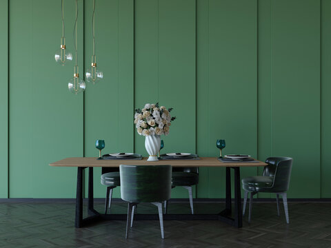 3d Rendering Of Contemporary Dining Room With Green Wall