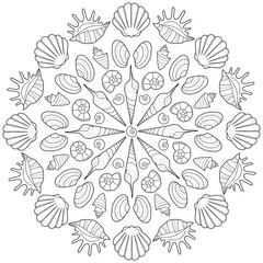 shell mandala black and white illustration for coloring