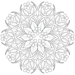 Spring flower mandala black and white illustration for coloring