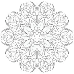 Fototapeta premium Spring flower mandala black and white illustration for coloring