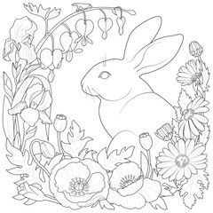 Spring flowers and rabbit black and white illustration for coloring