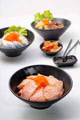 burn salmon donburi in a bowl