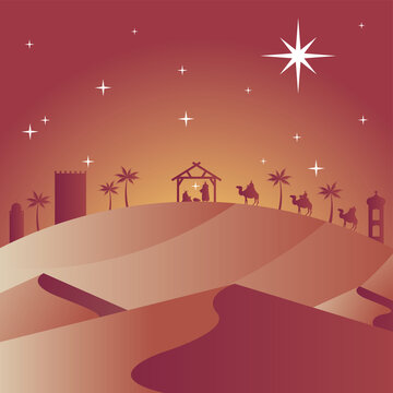 happy merry christmas card with holy family in stable and magic kings in camels silhouettes