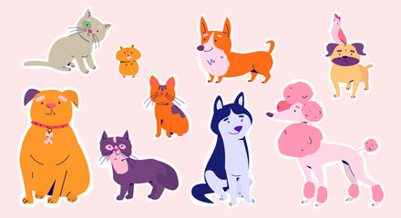 Cute sticker template decorated with different dogs and cats. Large set of trendy stickers vector flat illustration.