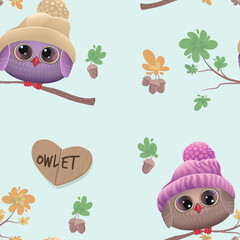 Cute owlets in warm hats. Seamless pattern. Cheerful autumn owls sit on oak branches with acorns