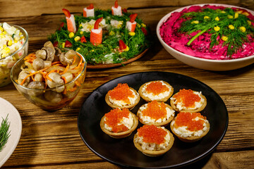 Christmas dinner set of food on a wooden table