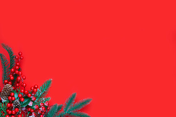 Christmas concept on the red background with copy space for your text.