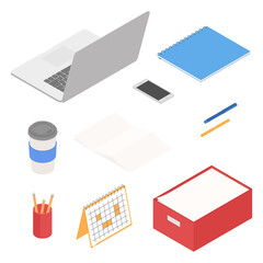 Office supplies set with laptop. Isometric vector illustration in flat design. Working from home, office, doing homework, school.