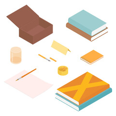 Office supplies and stationery set. Isometric vector illustration in flat design. Working from home, office, doing homework.