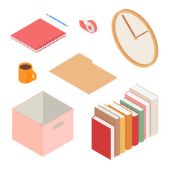 Stationery set. Isometric vector illustration in flat design.
Working from home, office, doing homework, school.