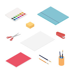 Office supplies set. Isometric vector illustration in flat design. Working from home, office, doing homework, school.