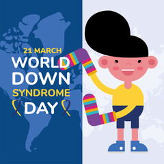 world down sindrome day campaign poster with little boy and socks in earth maps