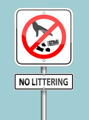 no littering sign pole on blue background - 389859375