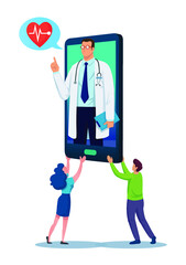 Man and woman carrying huge smartphone with doctor image on screen.
Man and woman carry huge mobile phone with medical health web apps.