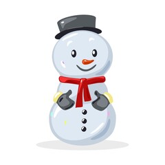 Cute snowman with black hat, buttons, red scarf and blue mittens, Children toy. Christmas decoration for spruce, pine. Vector cartoon illustration isolated on white background.