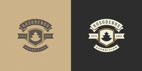 Forest camping logo emblem outdoor adventure leisure vector illustration pine trees silhouette