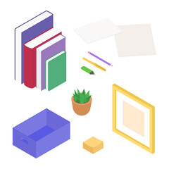 Stationery set. Isometric vector illustration in flat design.
Working from home, office, doing homework.