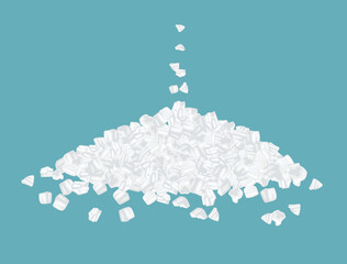 Pile of vector sea salt isolated on blue background. Cartoon flat illustration of falling salt.