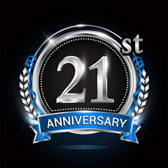 21st silver anniversary logo with blue ribbon and ring.