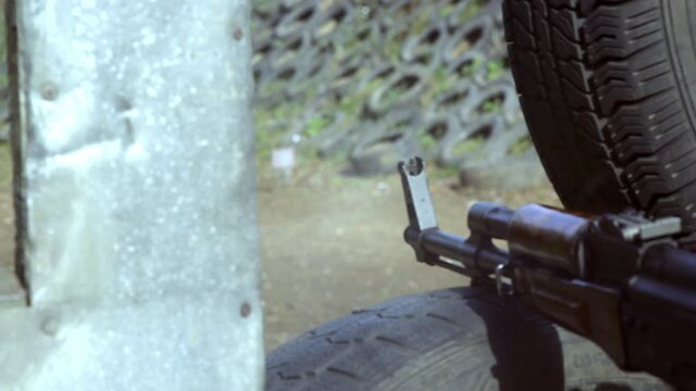 Sports shooting. The weapon. Shot from Kalashnikov assault rifle. 