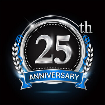 25th silver anniversary logo with blue ribbon and ring.