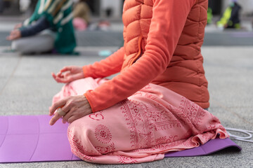 Yoga teachers protesting against the blockade and restrictions of Covid-19 in a square in Brescia,...