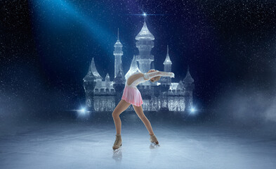 Figure skating girl in ice arena.