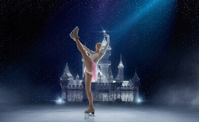 Figure skating girl in ice arena.