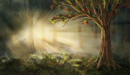 misty morning in the forest. The rays of the sun shining through the branches of trees width red fruits. Digital art style, illustration painting background. Fantasy conception.