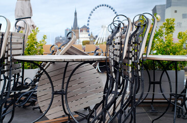 Gastronomy lockdown, closed restaurant terrace, beer garden due to corona epidemic, chairs and tables stacked,symbol picture