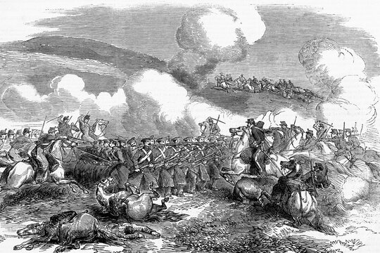 Charge of the Chasseurs D'Afrique, French cavalry, battle of Balaclava. Crimean war. Antique illustration. 1857.