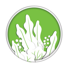 White leaves and berries in a green circle frame. Layered illustration for card, banner, poster. Modern vector illustration isolated on white background.