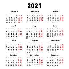 Calendar 2021.English language.Isolated on white background.Regular font. Vector illustration.