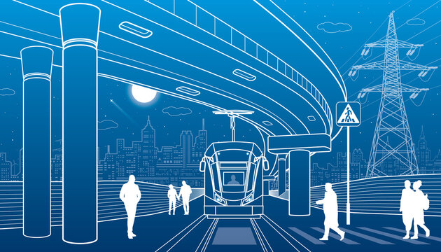 City scene, people walk down the street, tram rides, night city, automobile bridge at background. Electric transport. Outline vector infrastructure illustration