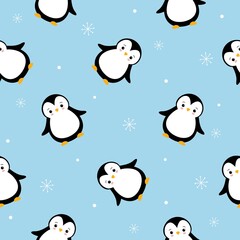 The vector pattern with cartoon cute penguins and snowflakes on blue background