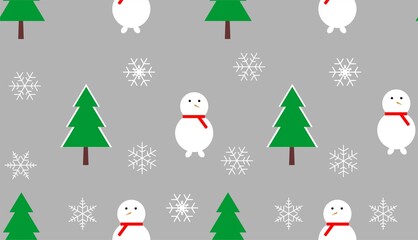 Christmas seamless pattern with snowman, fir trees and snowflakes. Perfect for wrapping paper, templates, background of Christmas and new year cards