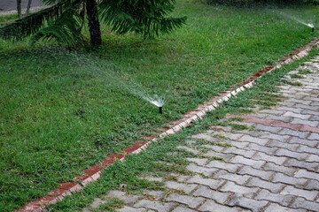 A sprinkler head sticks out of the ground and waters the grass on the lawn. Automatic watering of the grassplot in the garden or park, background with copy space