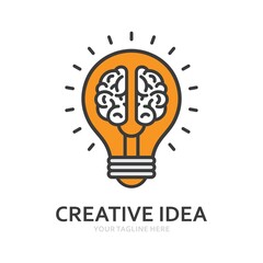 Creative idea in line icon, Creative brain in light bulb logo vector illustration, Symbol of innovation, idea, mind, thinking, solution, education 