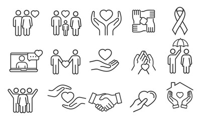 Care icon in thin line, charity, generous, sympathize, donation and more vector illustration