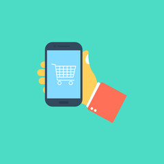 
Hand holding mobile phone with a shopping cart image, mobile shopping app icon
