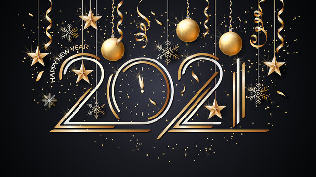 Happy New Year. 2021. Vector. Christmas star. Greeting Card. Golden  inscription on a black background. Confetti, golden balls and ribbons. Template for the design of greetings, invitations.