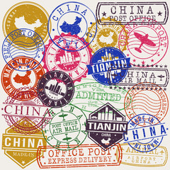 Tianjin China Set of Stamps. Travel Stamp. Made In Product. Design Seals Old Style Insignia.