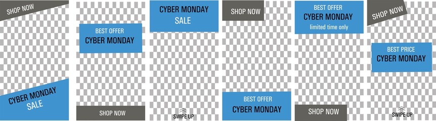 Set of vector abstract backgrounds for Cyber Monday sale. Design for social media, story, card, brochure, feed post. 