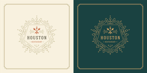 Restaurant logo design vector illustration kitchen tools silhouettes