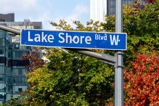 Toronto, Canada - October 28, 2020: Lake Shore Boulevard street sign in Toronto. Lake Shore Boulevard is a major arterial road running along more than half of the Lake Ontario waterfront. 