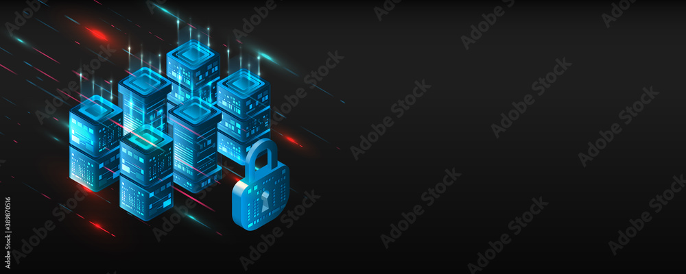 Poster Modern concept Big data computing. Isometric futuristic technology of data protection. 3D Data center. Web hosting banner. Cyber security for business and internet project. Internet security concept.
